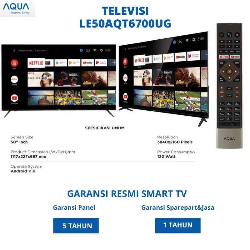 TV LED 50" AQUA LE-50AQT6700UG 4K ANDROID TV - Gambar 2